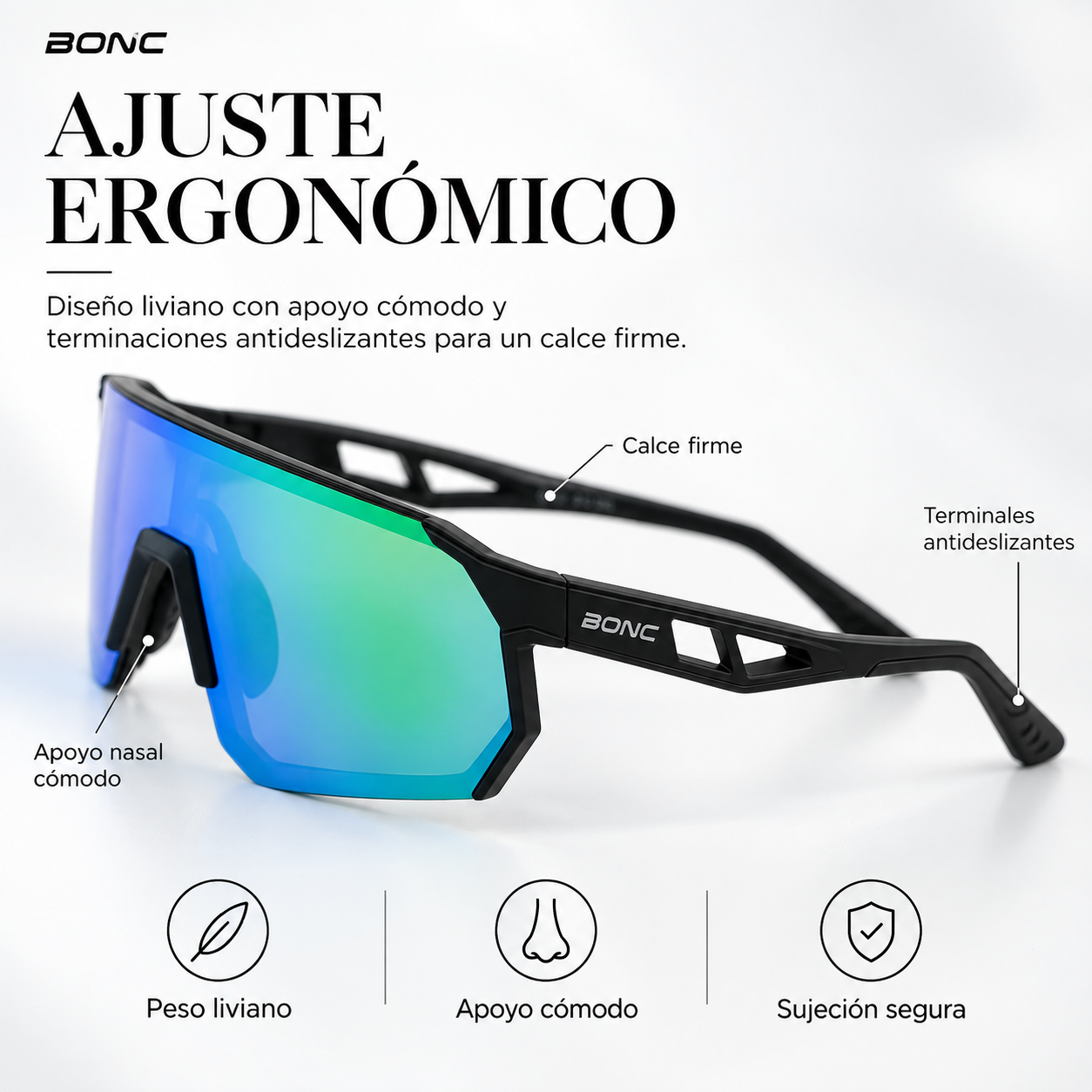 Ajuste ergonómico BONC OWEN: diseño liviano, apoyo nasal cómodo y terminales antideslizantes.